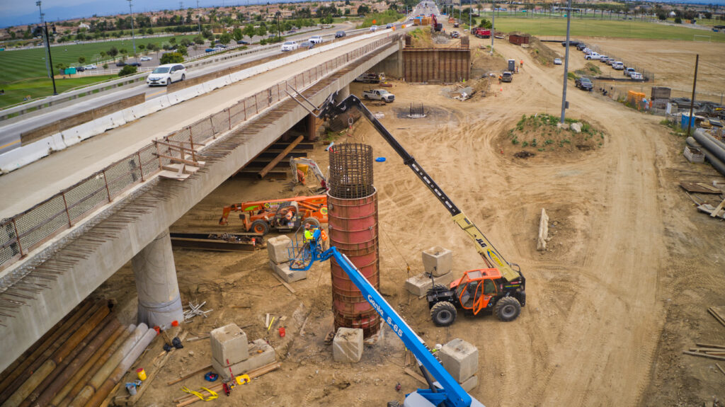 Crews setting the bridge cage foundation.